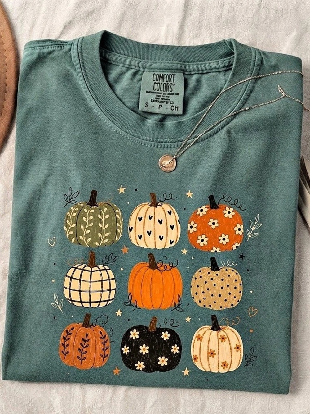 Fall Pumpkins Floral Art Boho Halloween Green Comfort Colors T-Shirt